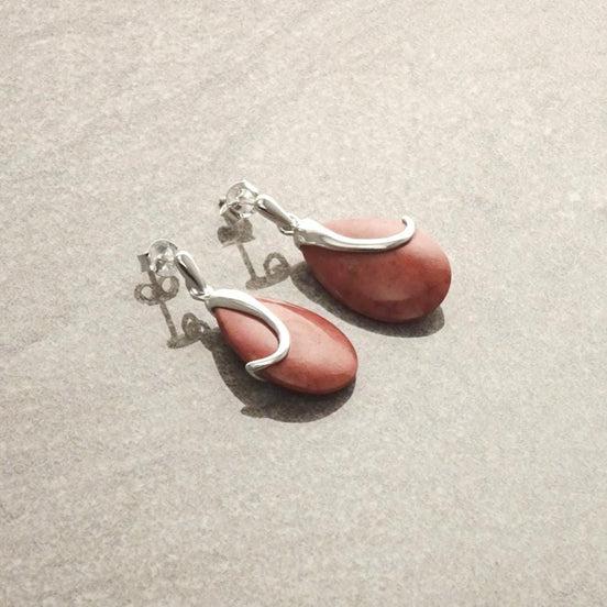 Red Coral Earrings, dyed gorgon Earrings Oval Red Modern Sterling Silver Earrings Teardrop Dangle Earrings party evening cocktail