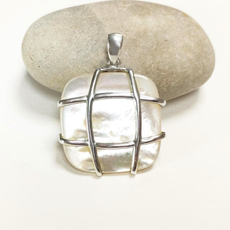 Square Shell Pendant, Sterling Silver, GENUINE MOP Mother of Pearl, Statement Modern Geometric White Stone Necklace, Original Lace Jewelry