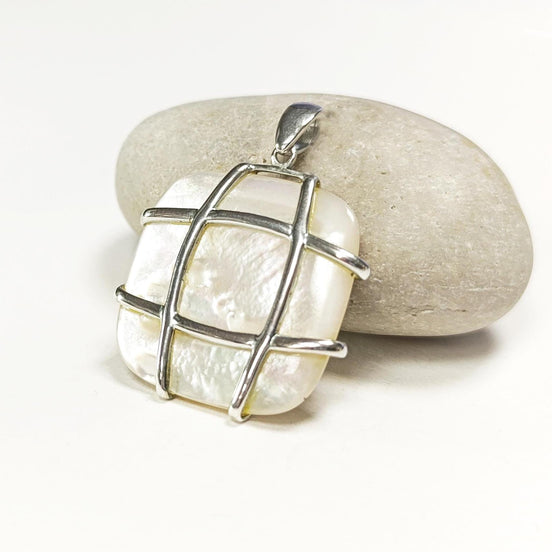 Square Shell Pendant, Sterling Silver, GENUINE MOP Mother of Pearl, Statement Modern Geometric White Stone Necklace, Original Lace Jewelry