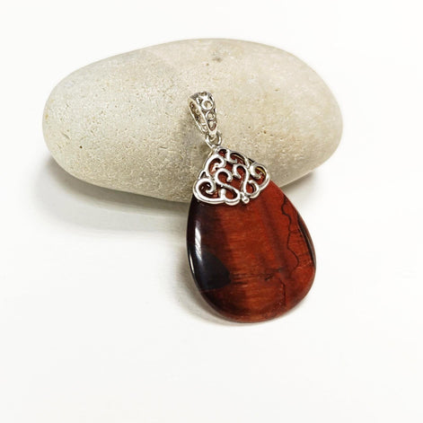 925 Sterling Silver Filigree Tiger Eye Pendant, Brown Stone Teardrop Pendant, Antique Vintage Design Jewelry,