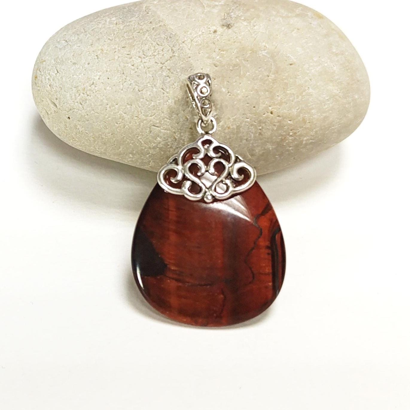 925 Sterling Silver Filigree Tiger Eye Pendant, Brown Stone Teardrop Pendant, Antique Vintage Design Jewelry,
