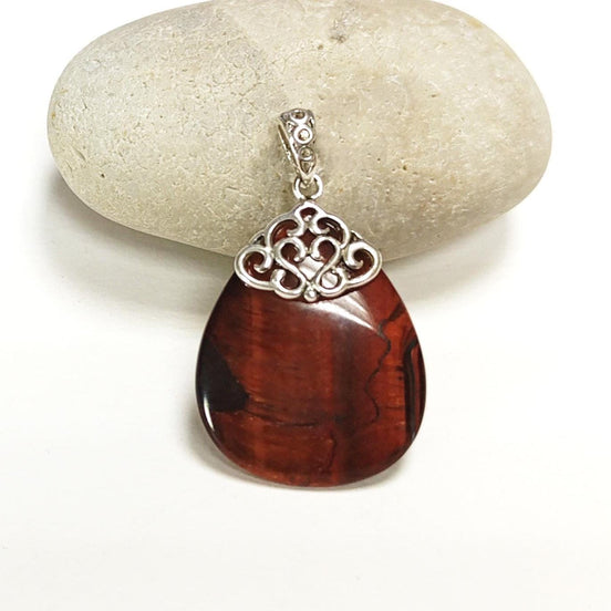925 Sterling Silver Filigree Tiger Eye Pendant, Brown Stone Teardrop Pendant, Antique Vintage Design Jewelry,