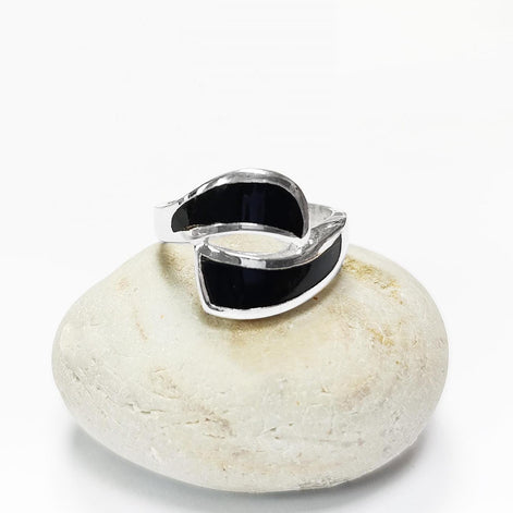 Black Waves Ring, Sterling Silver, Black Onyx Stone Jewelry, Modern Geometric Bypass Curved Comma Wave Design, Inlay Stones