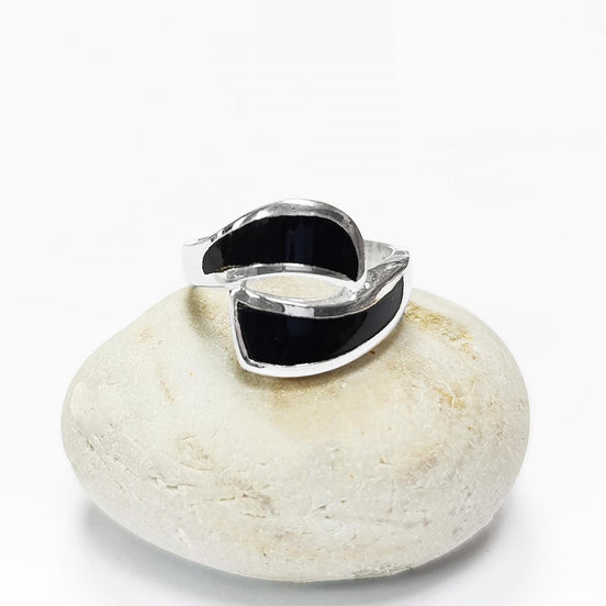 Black Waves Ring, Sterling Silver, Black Onyx Stone Jewelry, Modern Geometric Bypass Curved Comma Wave Design, Inlay Stones