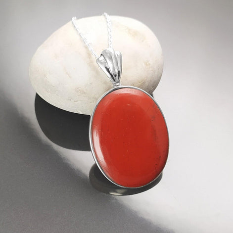 Red Oval Stone Pendant Sterling Silver 925, Genuine Red Jasper Gemstone, Vintage Stone Jewelry, Style Necklace, Birthstone