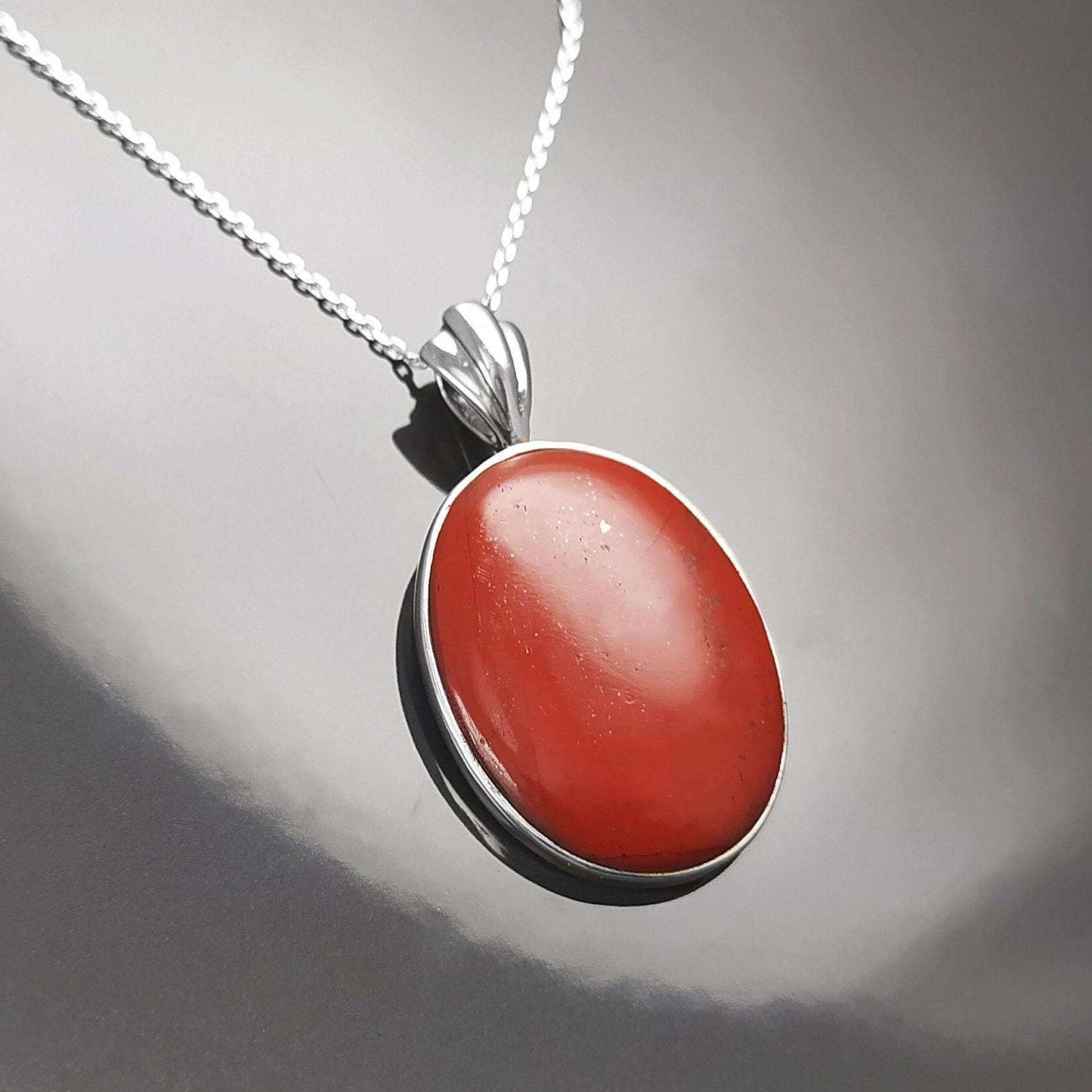 Red Oval Stone Pendant Sterling Silver 925, Genuine Red Jasper Gemstone, Vintage Stone Jewelry, Style Necklace, Birthstone
