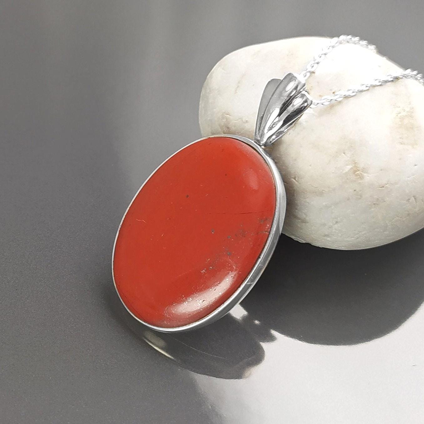 Red Oval Stone Pendant Sterling Silver 925, Genuine Red Jasper Gemstone, Vintage Stone Jewelry, Style Necklace, Birthstone