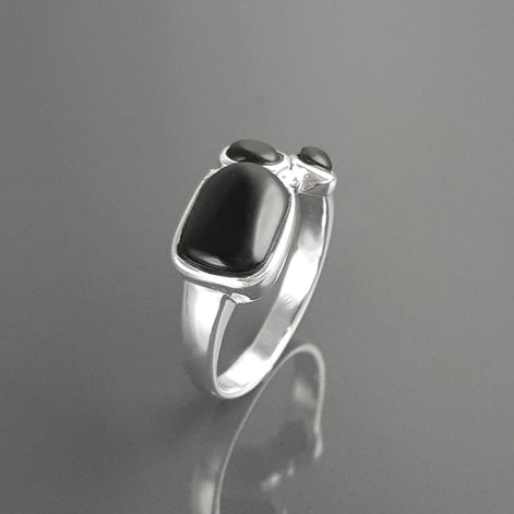 925 Sterling Silver Black Onyx Geometric Ring, Modern Gemstone Band Handmade, 3 Black Onyx Stones on a Ring