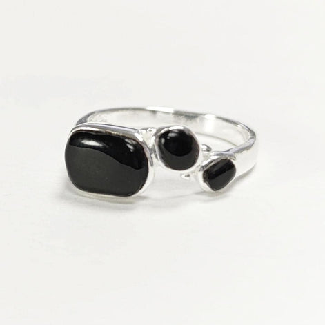 925 Sterling Silver Black Onyx Geometric Ring, Modern Gemstone Band Handmade, 3 Black Onyx Stones on a Ring