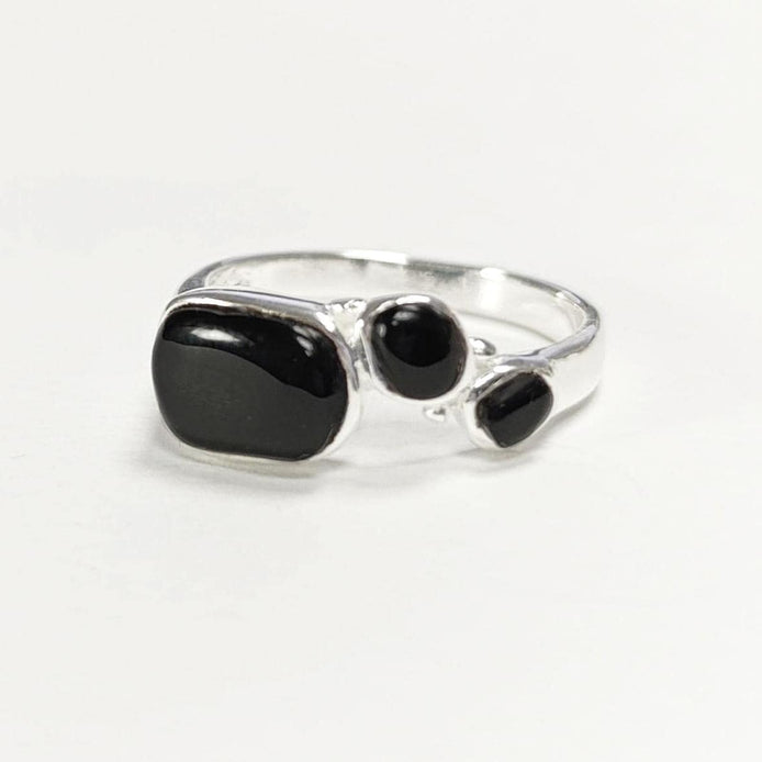 925 Sterling Silver Black Onyx Geometric Ring, Modern Gemstone Band Handmade, 3 Black Onyx Stones on a Ring