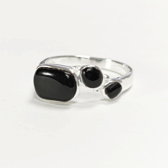 925 Sterling Silver Black Onyx Geometric Ring, Modern Gemstone Band Handmade, 3 Black Onyx Stones on a Ring