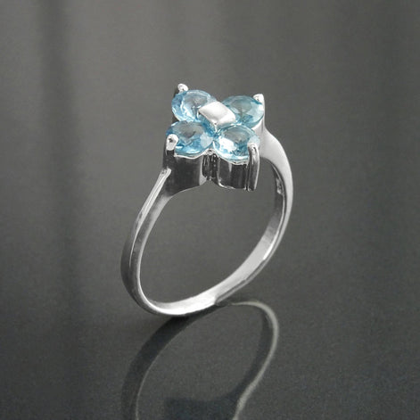 925 Sterling Silver Blue Aquamarine Color Cz Quatrefoil Ring, Chance Lucky Small Blue stone Ring,