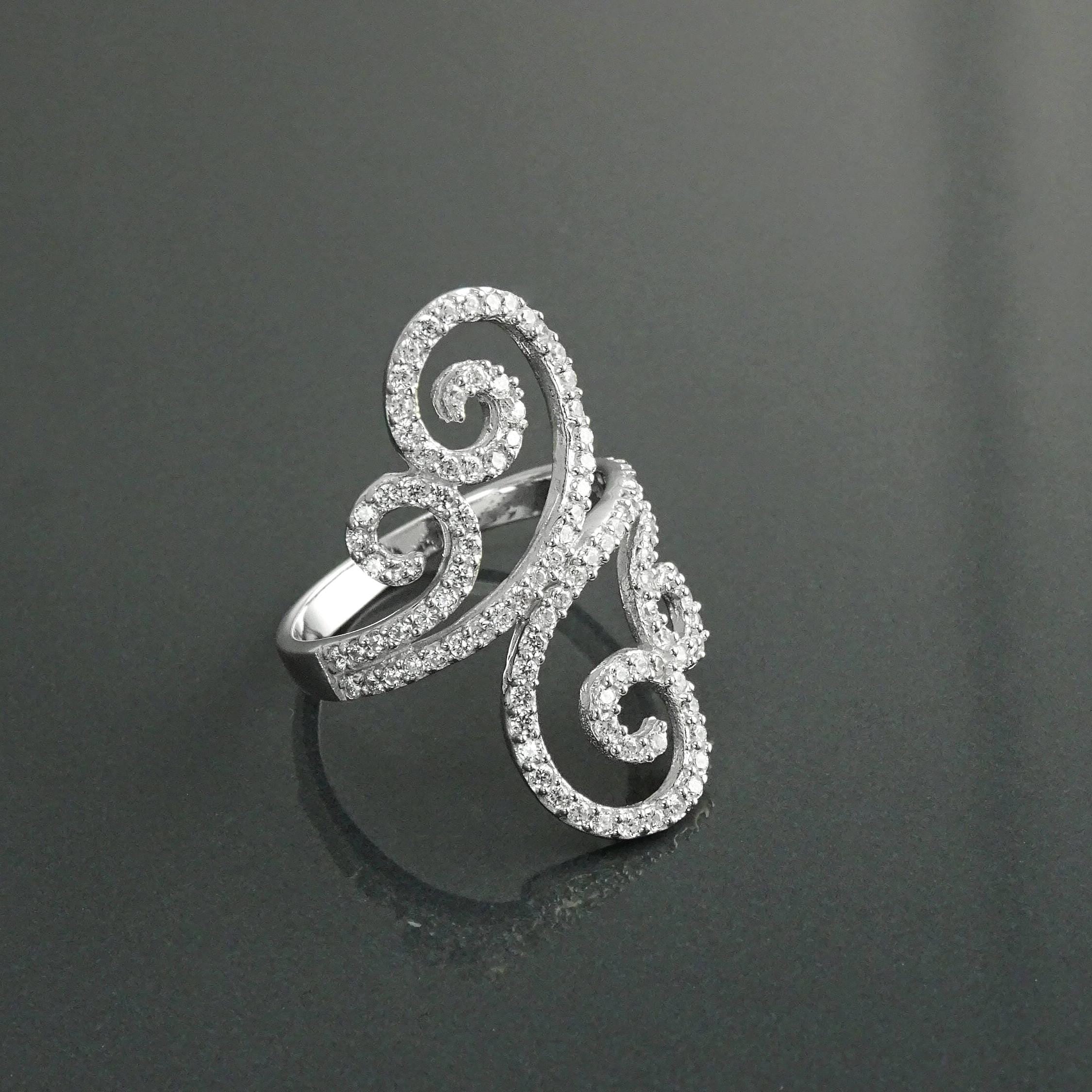 925 Art Deco Sterling Silver Spirals Ring, Bypass CZ Stones, XS Size Ring
