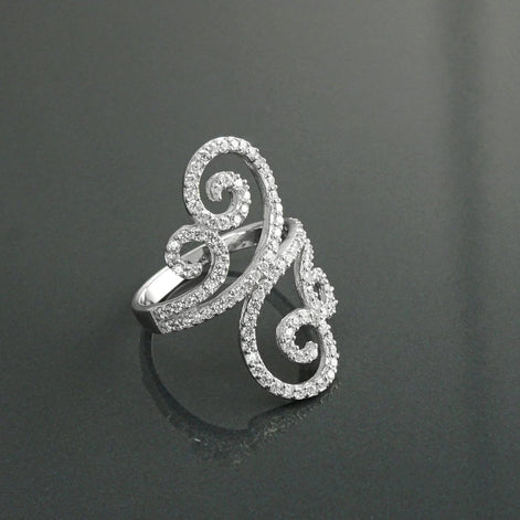 925 Art Deco Sterling Silver Spirals Ring, Bypass CZ Stones, XS Size Ring