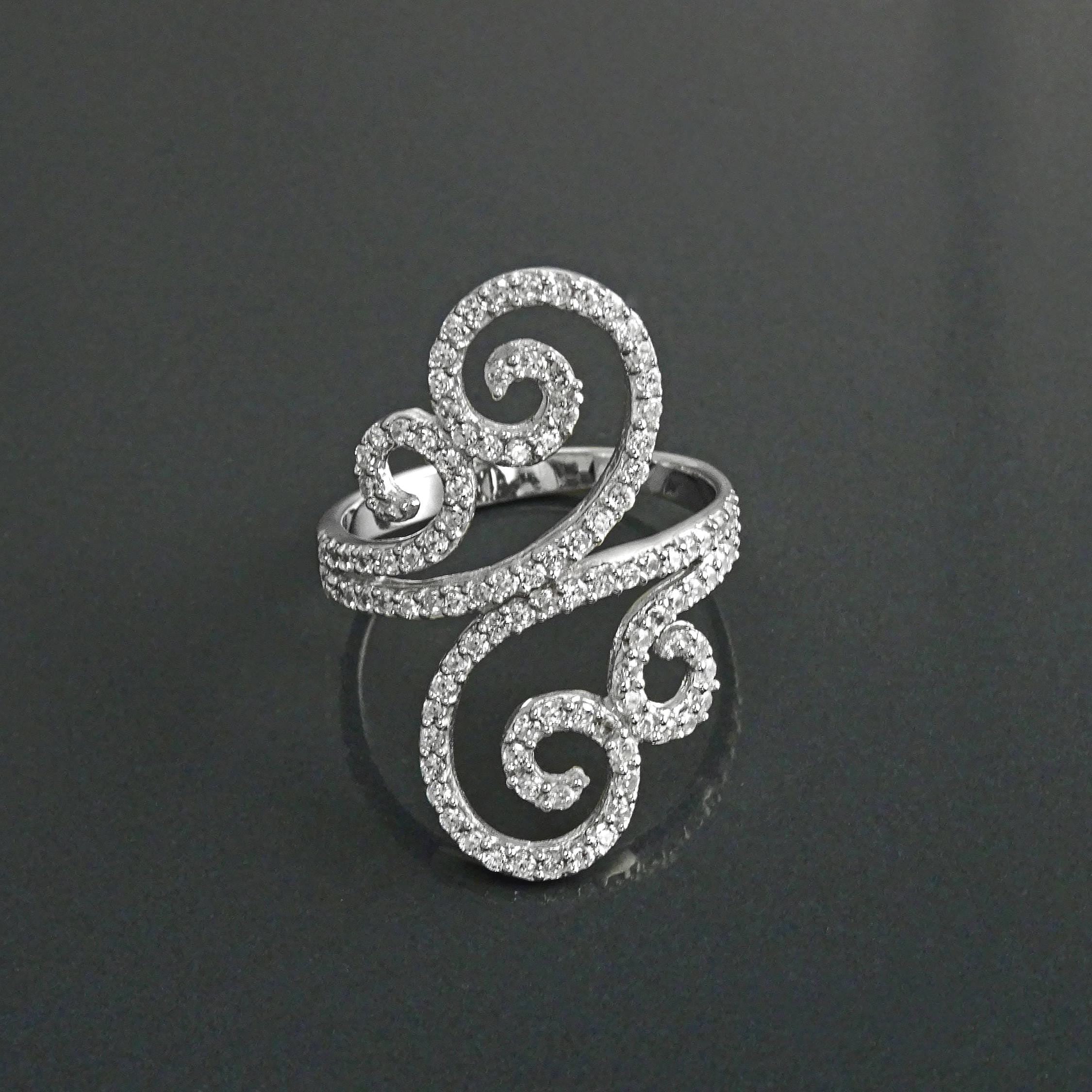 925 Art Deco Sterling Silver Spirals Ring, Bypass CZ Stones, XS Size Ring