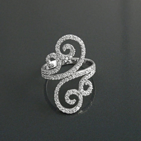 925 Art Deco Sterling Silver Spirals Ring, Bypass CZ Stones, XS Size Ring