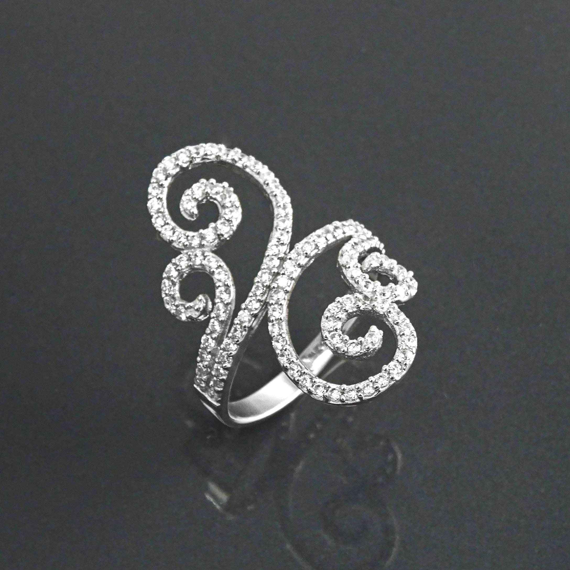925 Art Deco Sterling Silver Spirals Ring, Bypass CZ Stones, XS Size Ring