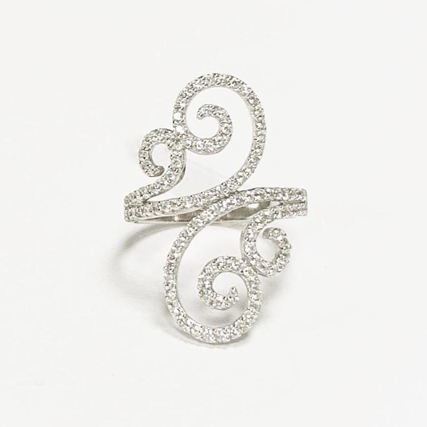 925 Art Deco Sterling Silver Spirals Ring, Bypass CZ Stones, XS Size Ring