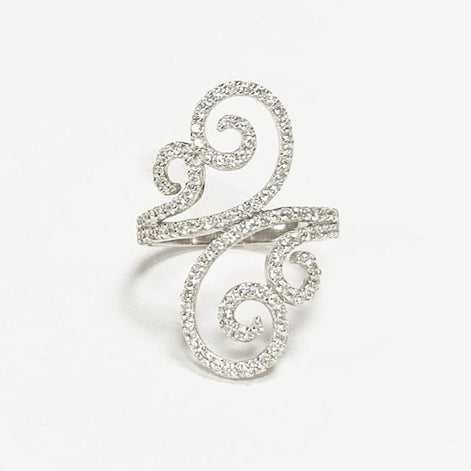 925 Art Deco Sterling Silver Spirals Ring, Bypass CZ Stones, XS Size Ring