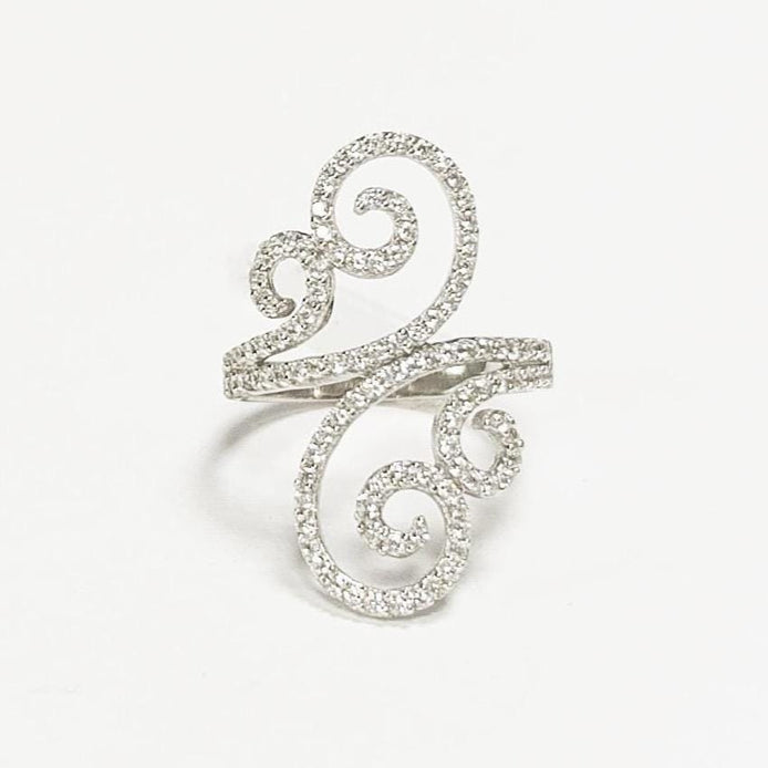 925 Art Deco Sterling Silver Spirals Ring, Bypass CZ Stones, XS Size Ring