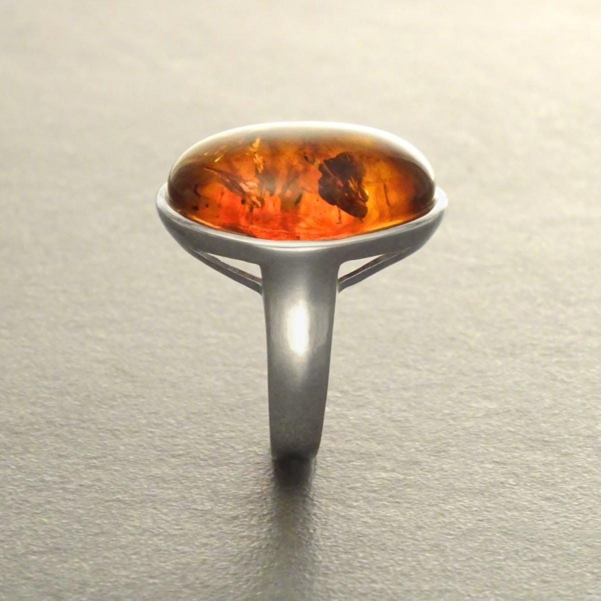 Amber ring 925 sterling silver, genuine cognac color amber with inclusions jewelry, oval stone ring, modern minimalist designer ring