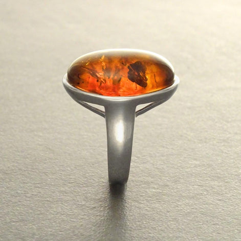 Amber ring 925 sterling silver, genuine cognac color amber with inclusions jewelry, oval stone ring, modern minimalist designer ring