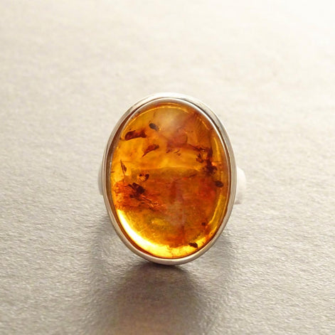 Amber ring 925 sterling silver, genuine cognac color amber with inclusions jewelry, oval stone ring, modern minimalist designer ring