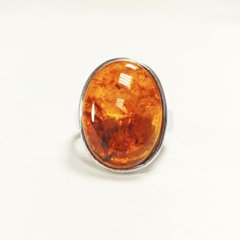 Amber ring 925 sterling silver, genuine cognac color amber with inclusions jewelry, oval stone ring, modern minimalist designer ring