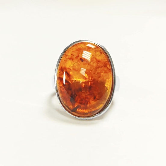 Amber ring 925 sterling silver, genuine cognac color amber with inclusions jewelry, oval stone ring, modern minimalist designer ring