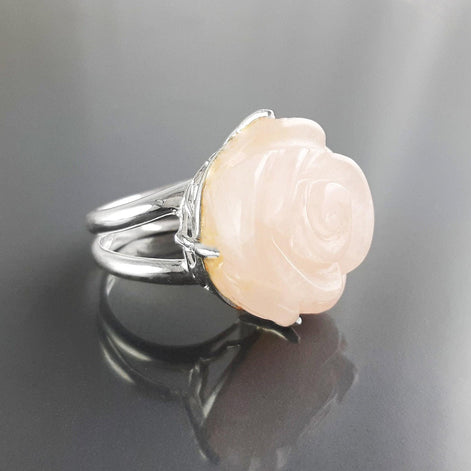 Rose Ring Sterling Silver 925, engraved stone, NATURAL Rose Quartz Gemstone jewelry, Rose flower, Floral design, Birthstone Ring
