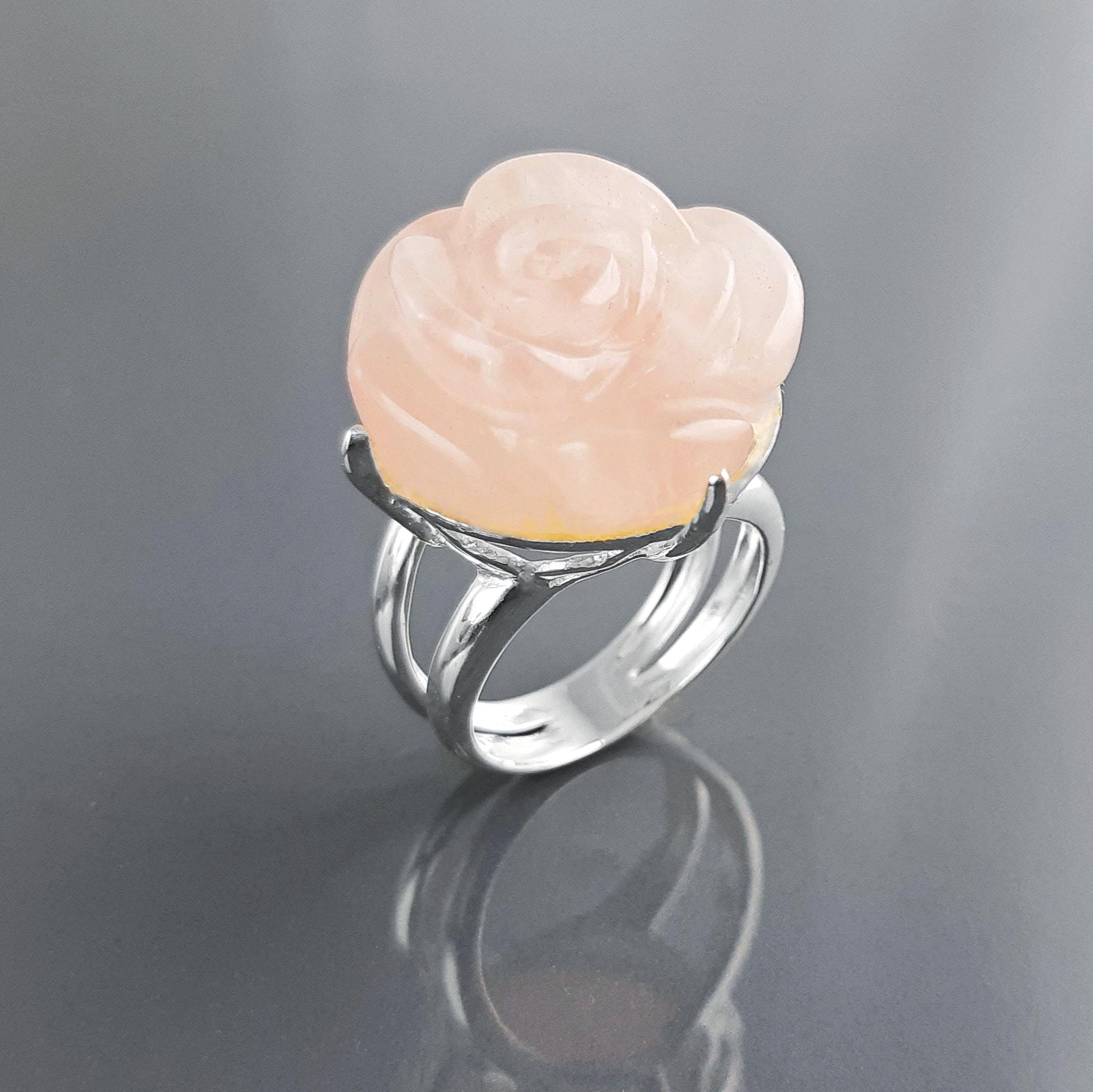 Rose Ring Sterling Silver 925, engraved stone, NATURAL Rose Quartz Gemstone jewelry, Rose flower, Floral design, Birthstone Ring