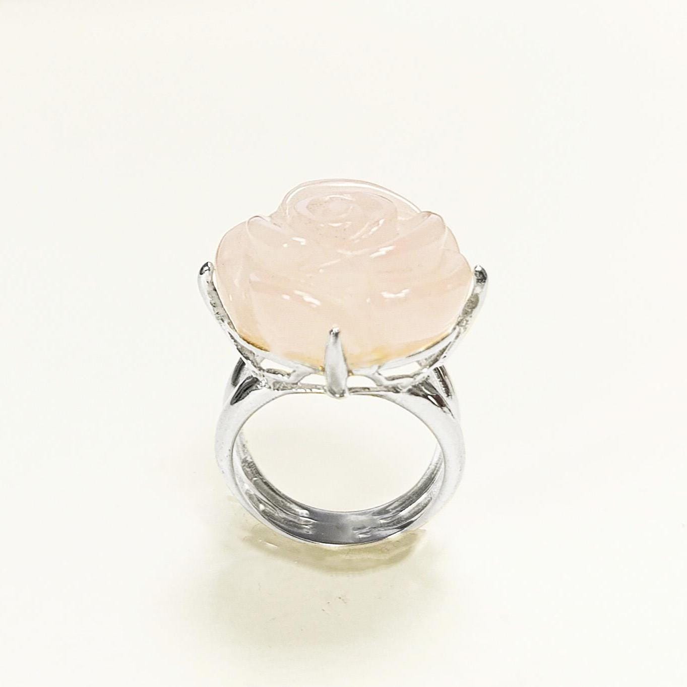Rose Ring Sterling Silver 925, engraved stone, NATURAL Rose Quartz Gemstone jewelry, Rose flower, Floral design, Birthstone Ring
