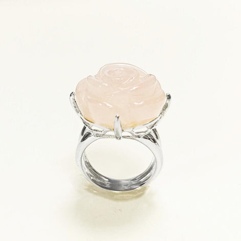 Rose Ring Sterling Silver 925, engraved stone, NATURAL Rose Quartz Gemstone jewelry, Rose flower, Floral design, Birthstone Ring
