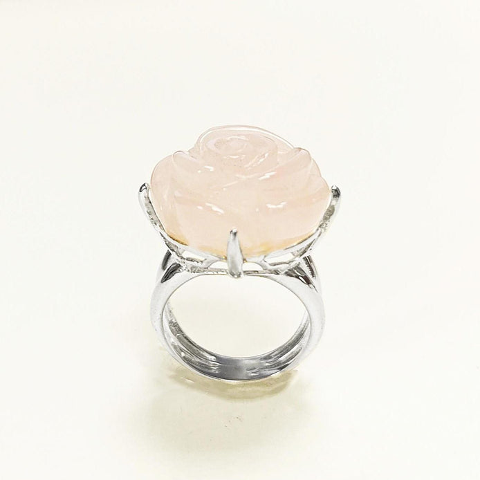 Rose Ring Sterling Silver 925, engraved stone, NATURAL Rose Quartz Gemstone jewelry, Rose flower, Floral design, Birthstone Ring