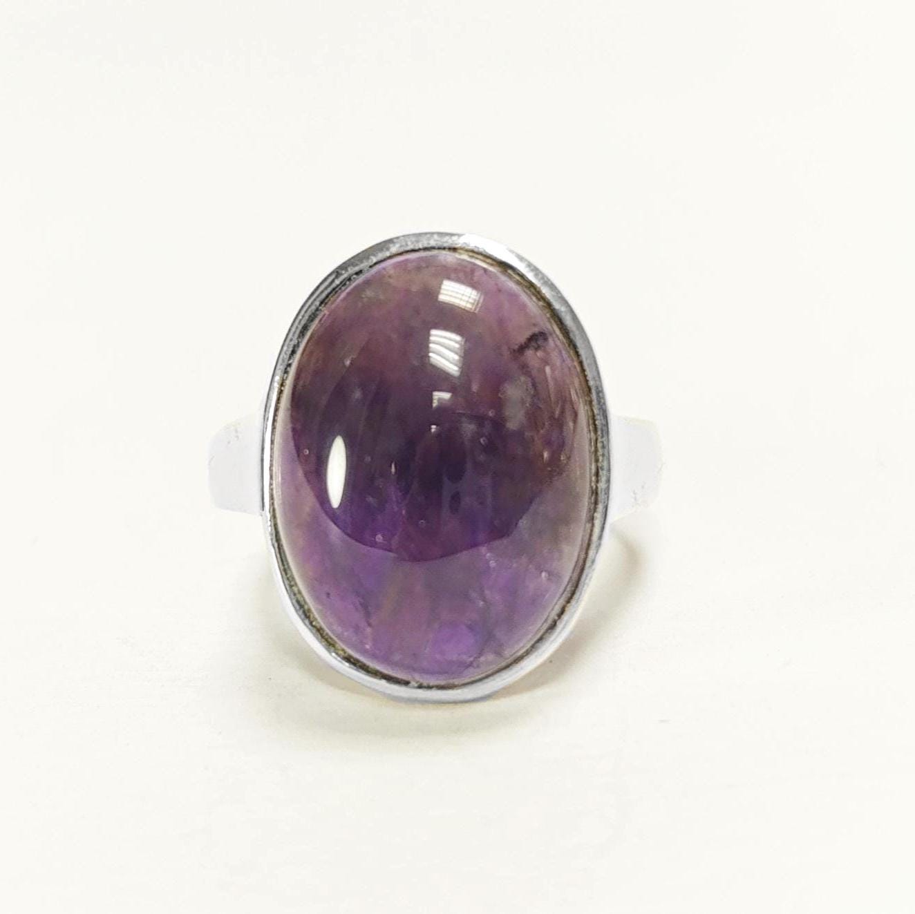 Oval Amethyst Sterling Silver Ring, Modern Minimalist Gemstone Jewelry