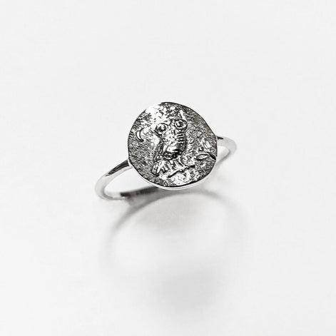 Peut inclure: Une bague en argent avec un motif ovale représentant un hibou perché sur une branche. Le hibou a des détails précis et est entouré d'un croissant de lune.