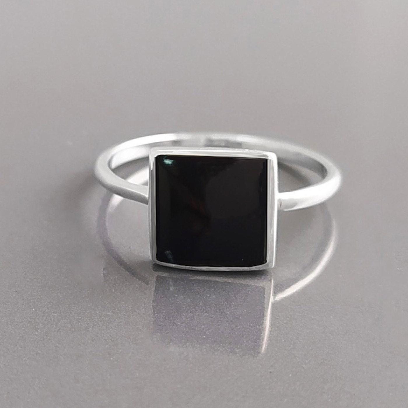 Black Onyx Ring, Stacking Ring 925 Sterling Ring - Square Ring - Minimalist Ring - Affordable Ring - Black Stone Ring - Dainty Silver Ring.