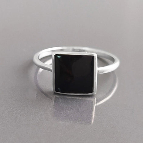 Black Onyx Ring, Stacking Ring 925 Sterling Ring - Square Ring - Minimalist Ring - Affordable Ring - Black Stone Ring - Dainty Silver Ring.
