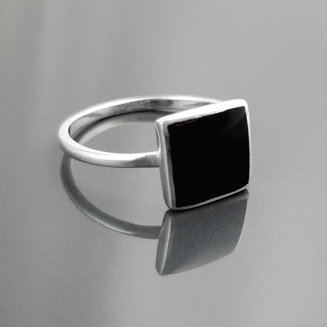 Black Onyx Ring, Stacking Ring 925 Sterling Ring - Square Ring - Minimalist Ring - Affordable Ring - Black Stone Ring - Dainty Silver Ring.
