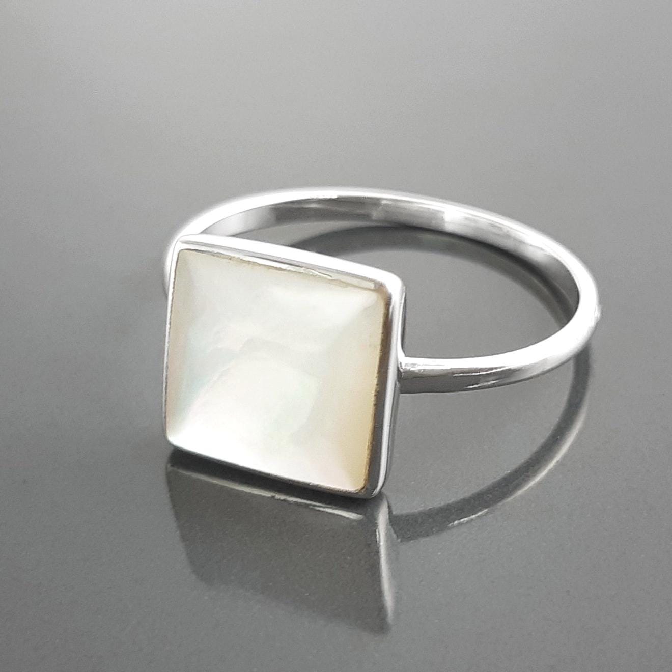 Stacking Ring Sterling 925 Square Mother of Pearl - Small Pearl Ring - Affordable Dainty Ring - MOP Ring - Unique White Stone Jewelry