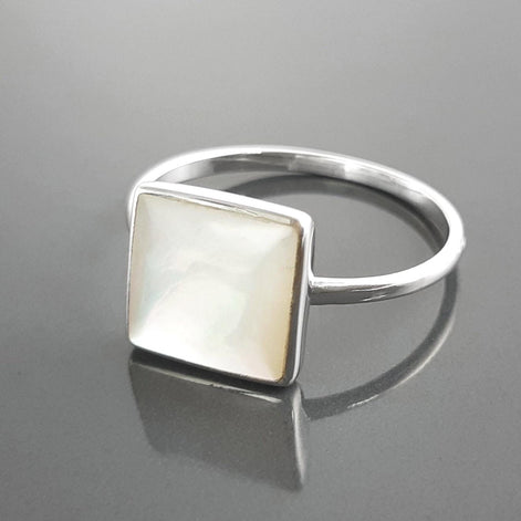 Stacking Ring Sterling 925 Square Mother of Pearl - Small Pearl Ring - Affordable Dainty Ring - MOP Ring - Unique White Stone Jewelry