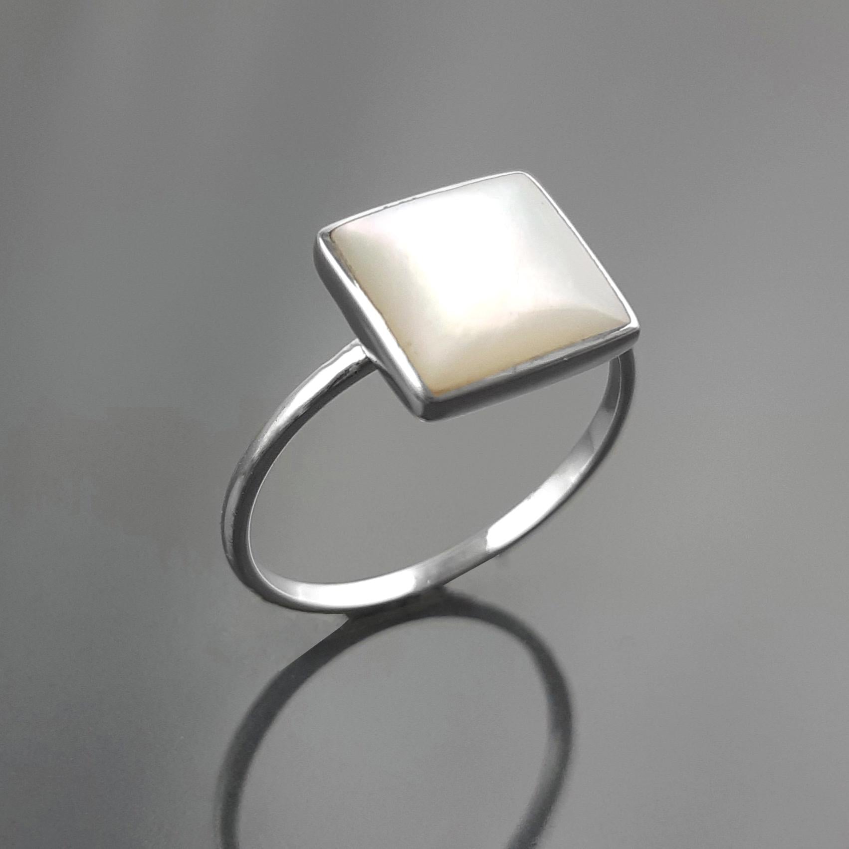 Stacking Ring Sterling 925 Square Mother of Pearl - Small Pearl Ring - Affordable Dainty Ring - MOP Ring - Unique White Stone Jewelry