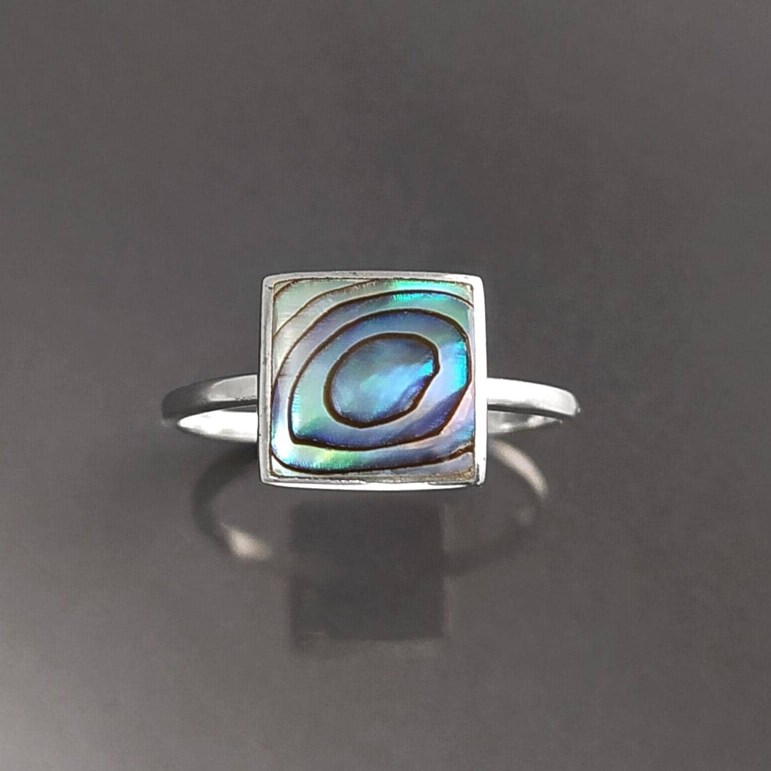 PAUA SHELL Ring Sterling Silver 925, Genuine in a Minimalist Square Design, Natural Blue Green Reflections Colors, Each Peace is Unique