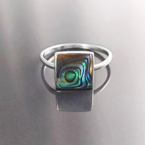 PAUA SHELL Ring Sterling Silver 925, Genuine in a Minimalist Square Design, Natural Blue Green Reflections Colors, Each Peace is Unique