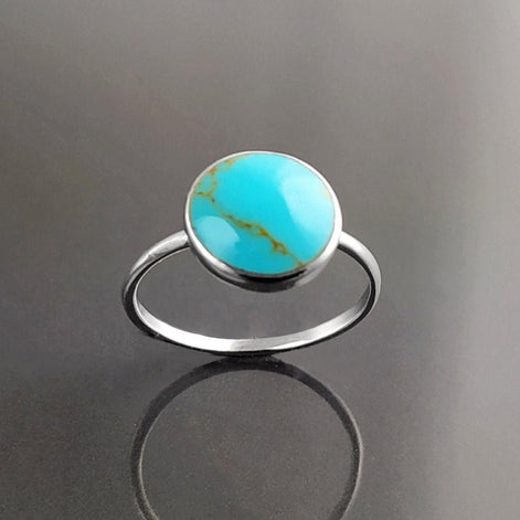 Blue Turquoise Ring, Silver 925, Small Round flat Stone, Geometric Simple Turquoise Jewelry, Dainty Modern Stacking Minimalist Ring
