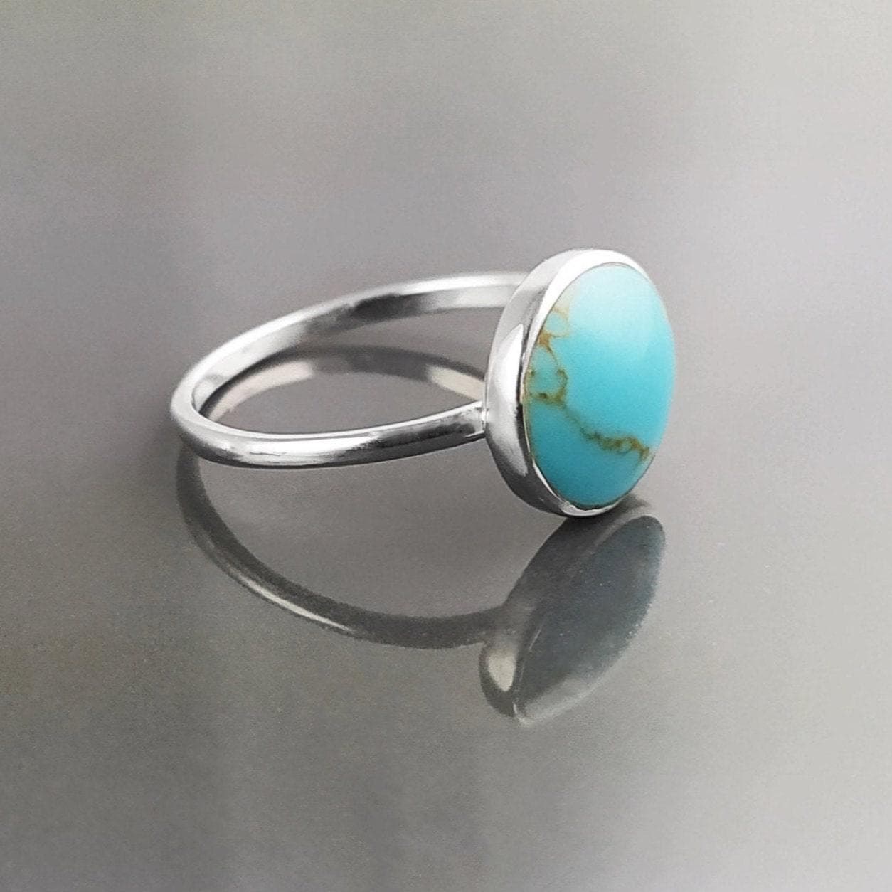 Blue Turquoise Ring, Silver 925, Small Round flat Stone, Geometric Simple Turquoise Jewelry, Dainty Modern Stacking Minimalist Ring