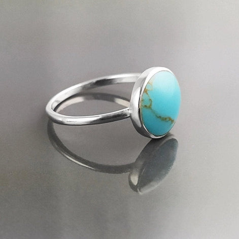 Blue Turquoise Ring, Silver 925, Small Round flat Stone, Geometric Simple Turquoise Jewelry, Dainty Modern Stacking Minimalist Ring