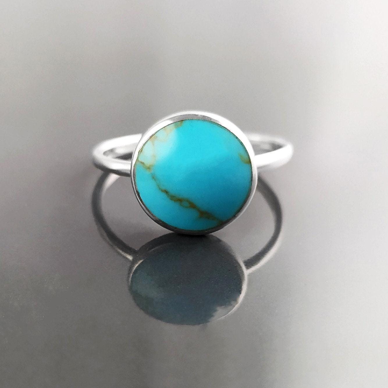 Blue Turquoise Ring, Silver 925, Small Round flat Stone, Geometric Simple Turquoise Jewelry, Dainty Modern Stacking Minimalist Ring