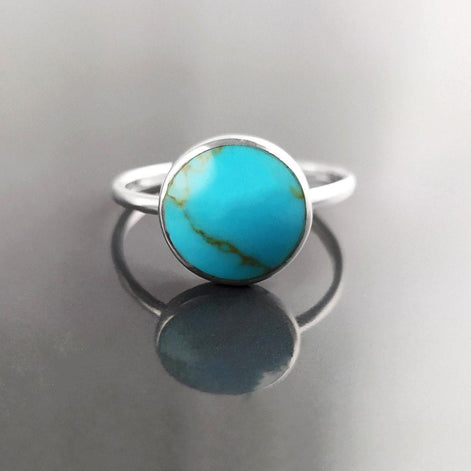 Blue Turquoise Ring, Silver 925, Small Round flat Stone, Geometric Simple Turquoise Jewelry, Dainty Modern Stacking Minimalist Ring