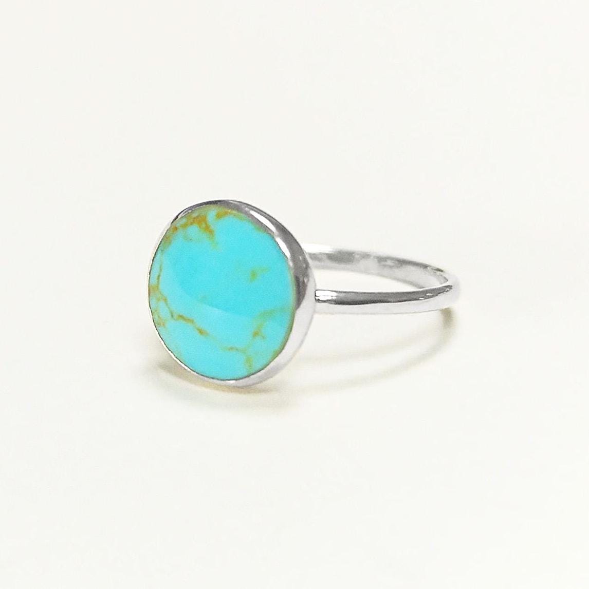 Blue Turquoise Ring, Silver 925, Small Round flat Stone, Geometric Simple Turquoise Jewelry, Dainty Modern Stacking Minimalist Ring